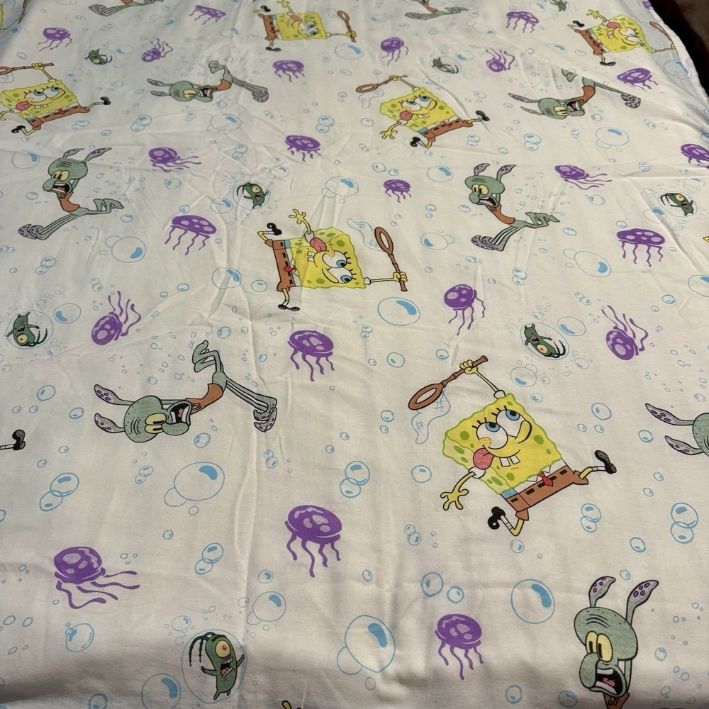 SpongeBob Squarepants Vtg‎ 2004 Twin Flat Sheet 66"x96" Jellyfishing Squidward